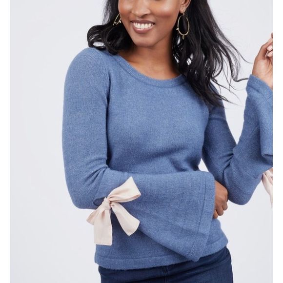 Octavia Sweaters - Octavia Bell Sleeve Sweater, Blue Pink Bows Small